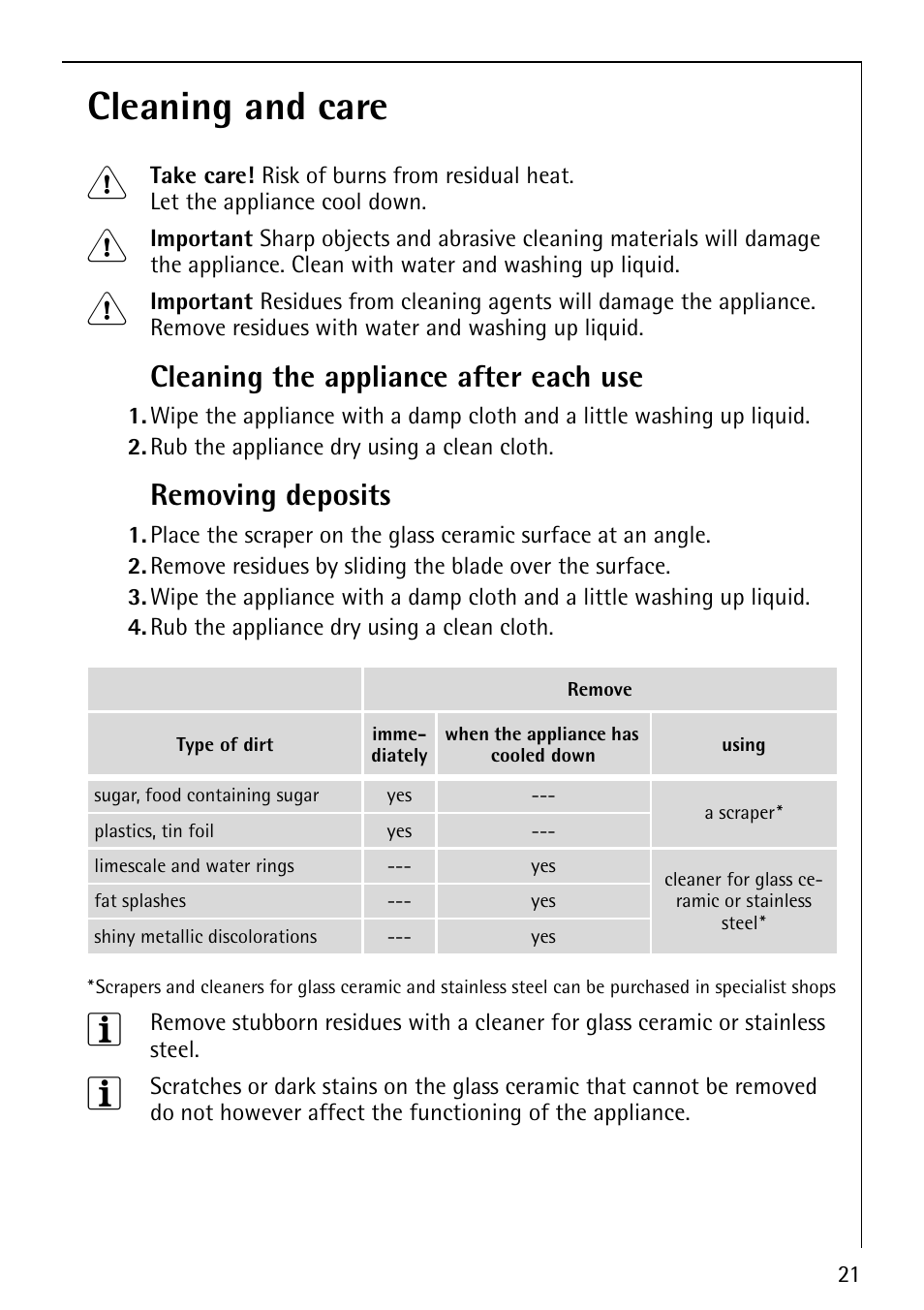 Cleaning and care 1, Cleaning the appliance after each use, Removing deposits | Electrolux 68001KF-N User Manual | Page 21 / 32