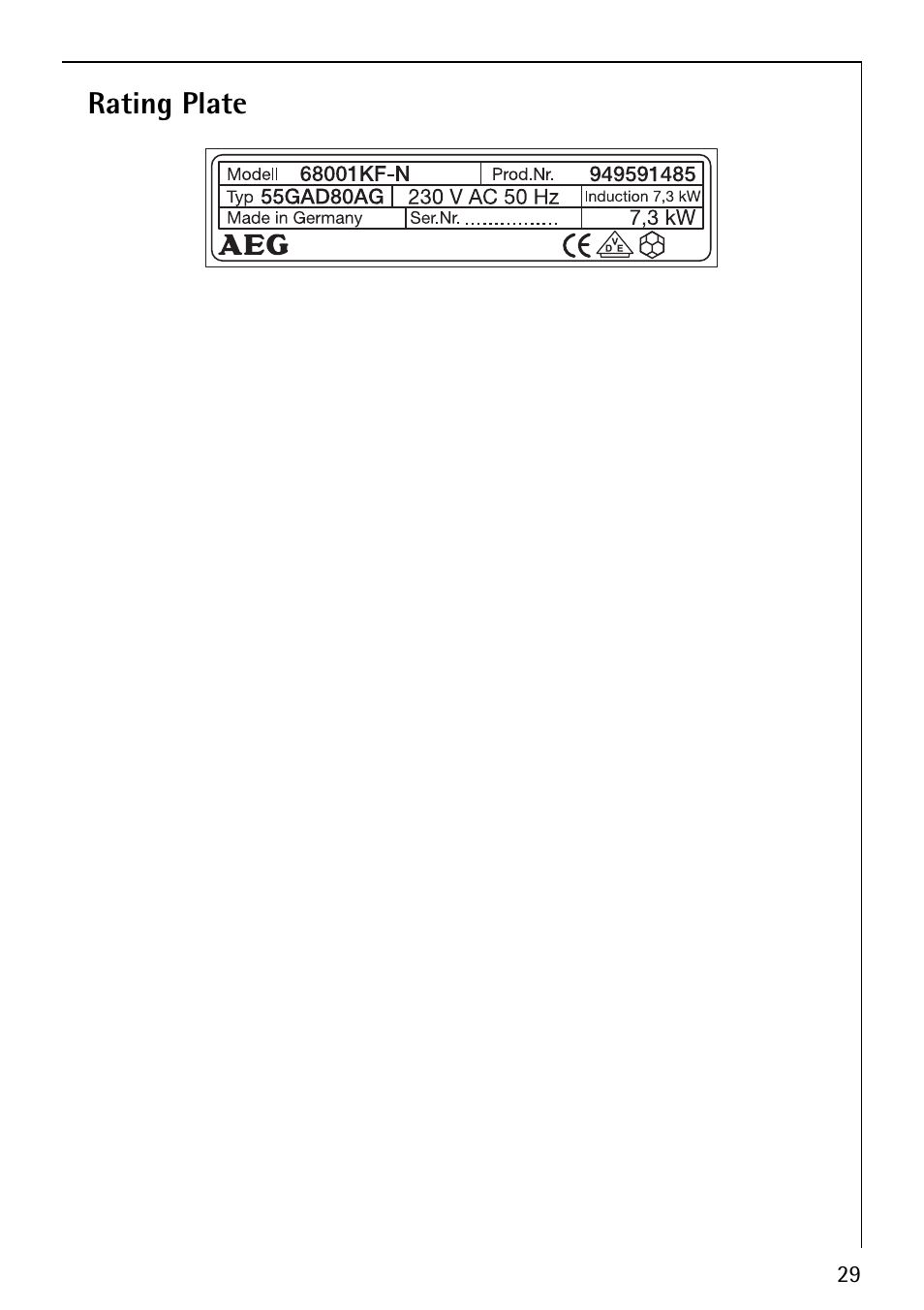 Rating plate | Electrolux 68001KF-N User Manual | Page 29 / 32