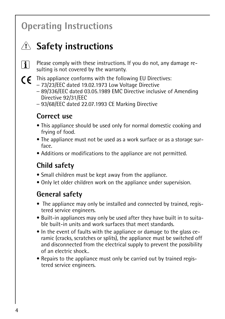 Operating instructions 1 safety instructions 3, Correct use, Child safety | General safety | Electrolux 68001KF-N User Manual | Page 4 / 32