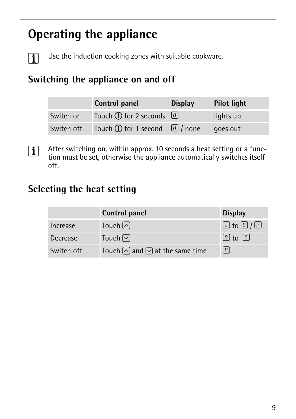 Operating the appliance 3, Switching the appliance on and off, Selecting the heat setting | Electrolux 68001KF-N User Manual | Page 9 / 32