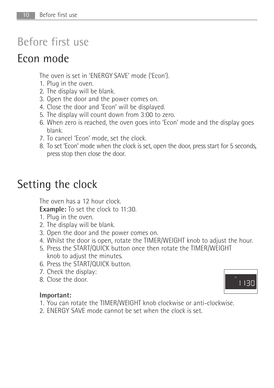 Before first use econ mode, Setting the clock, 10 before first use | Electrolux MC2662E User Manual | Page 10 / 40