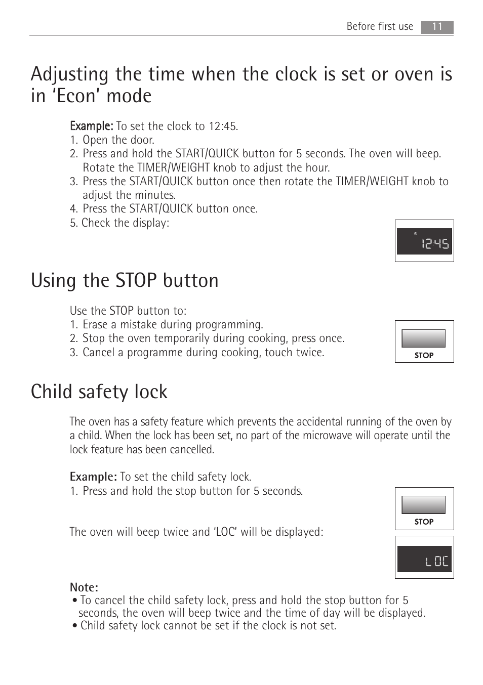 Using the stop button, Child safety lock, 11 before first use | Electrolux MC2662E User Manual | Page 11 / 40