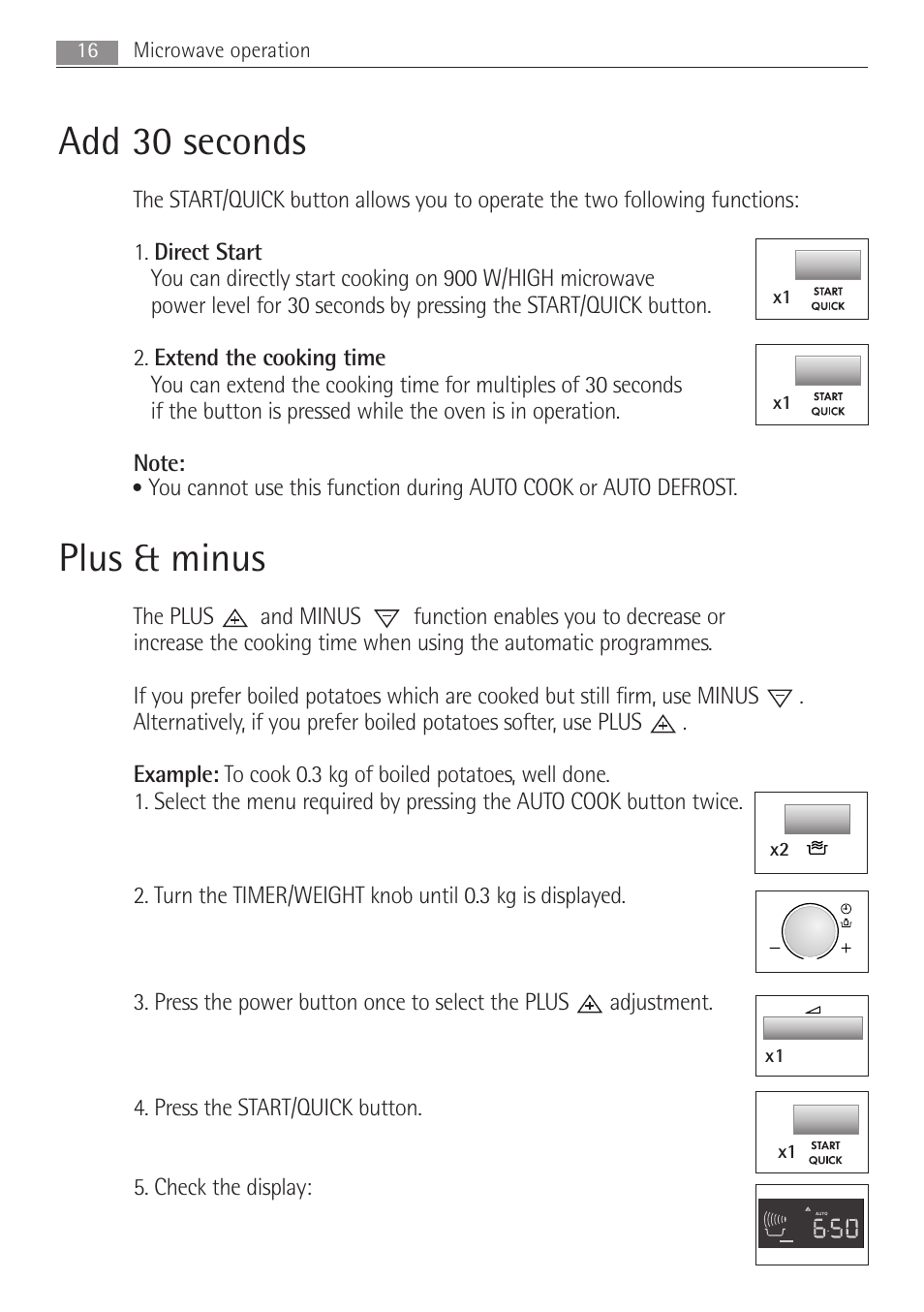 Add 30 seconds, Plus & minus, 16 microwave operation | Electrolux MC2662E User Manual | Page 16 / 40