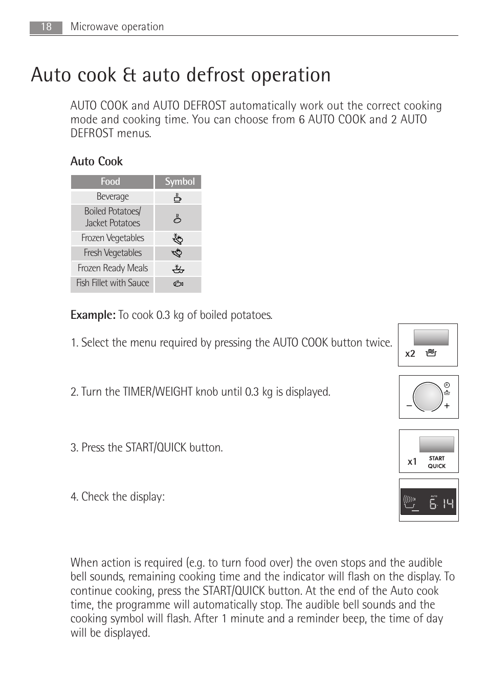 Auto cook & auto defrost operation, 18 microwave operation | Electrolux MC2662E User Manual | Page 18 / 40