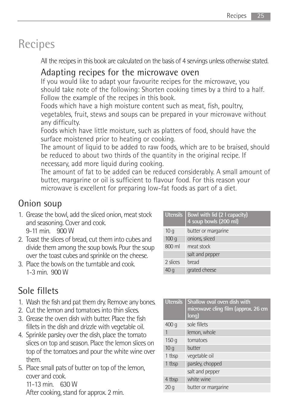 Recipes, Adapting recipes for the microwave oven, Onion soup | Sole fillets | Electrolux MC2662E User Manual | Page 25 / 40