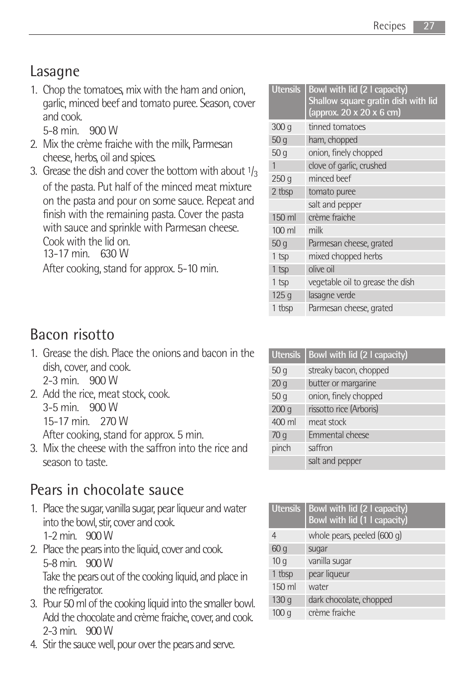 Lasagne, Bacon risotto, Pears in chocolate sauce | Electrolux MC2662E User Manual | Page 27 / 40