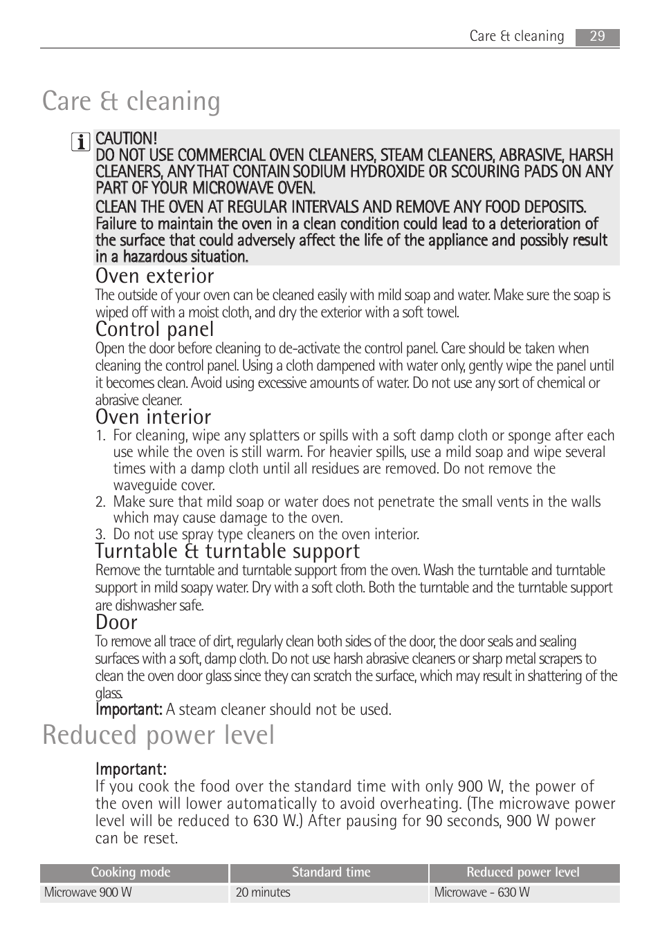 Care & cleaning, Reduced power level, Oven exterior | Control panel, Oven interior, Turntable & turntable support, Door | Electrolux MC2662E User Manual | Page 29 / 40