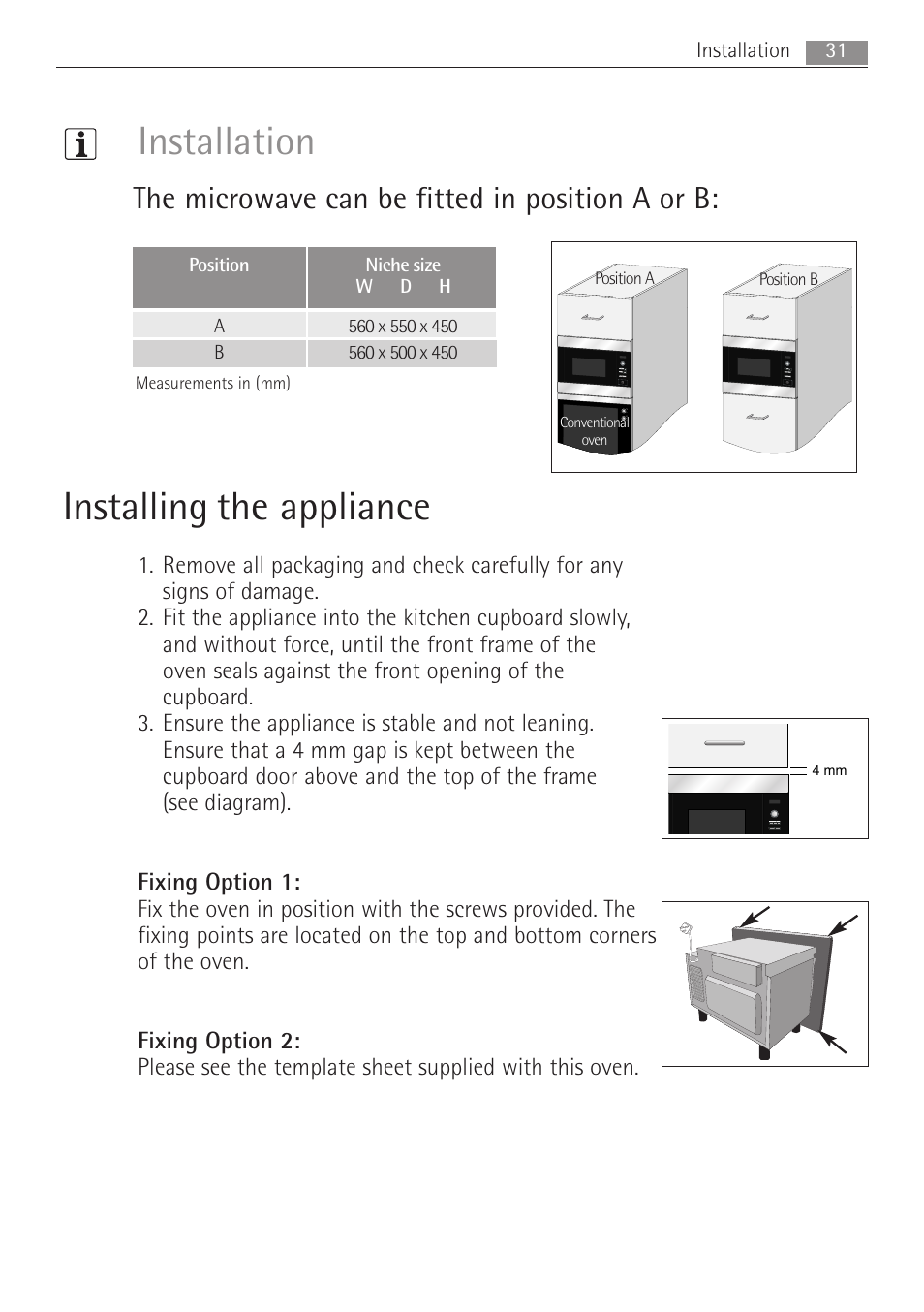 Installation installing the appliance, The microwave can be fitted in position a or b | Electrolux MC2662E User Manual | Page 31 / 40