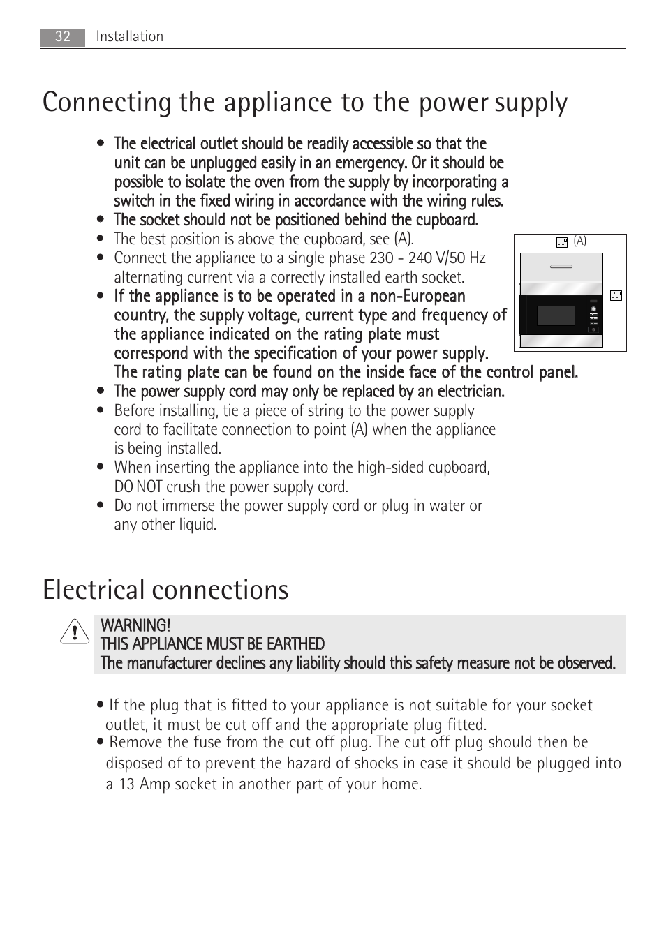 Connecting the appliance to the power supply, Electrical connections | Electrolux MC2662E User Manual | Page 32 / 40