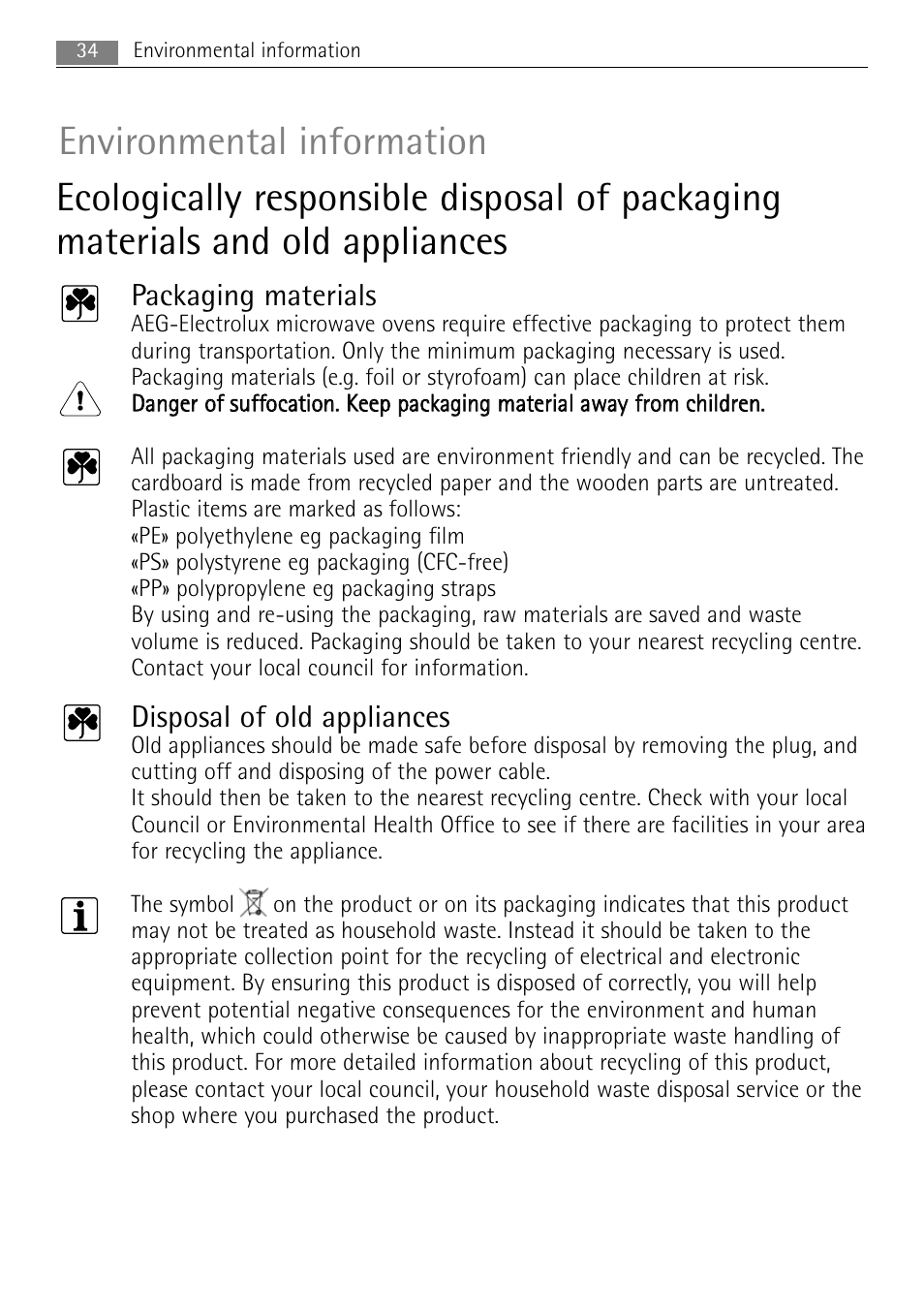 Packaging materials, Disposal of old appliances | Electrolux MC2662E User Manual | Page 34 / 40