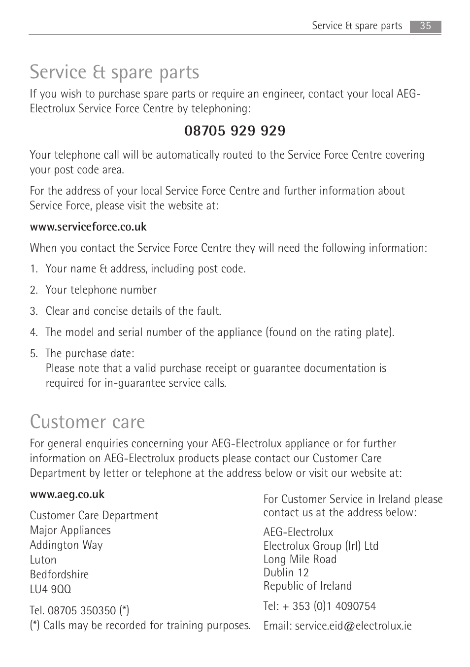 Service & spare parts, Customer care | Electrolux MC2662E User Manual | Page 35 / 40