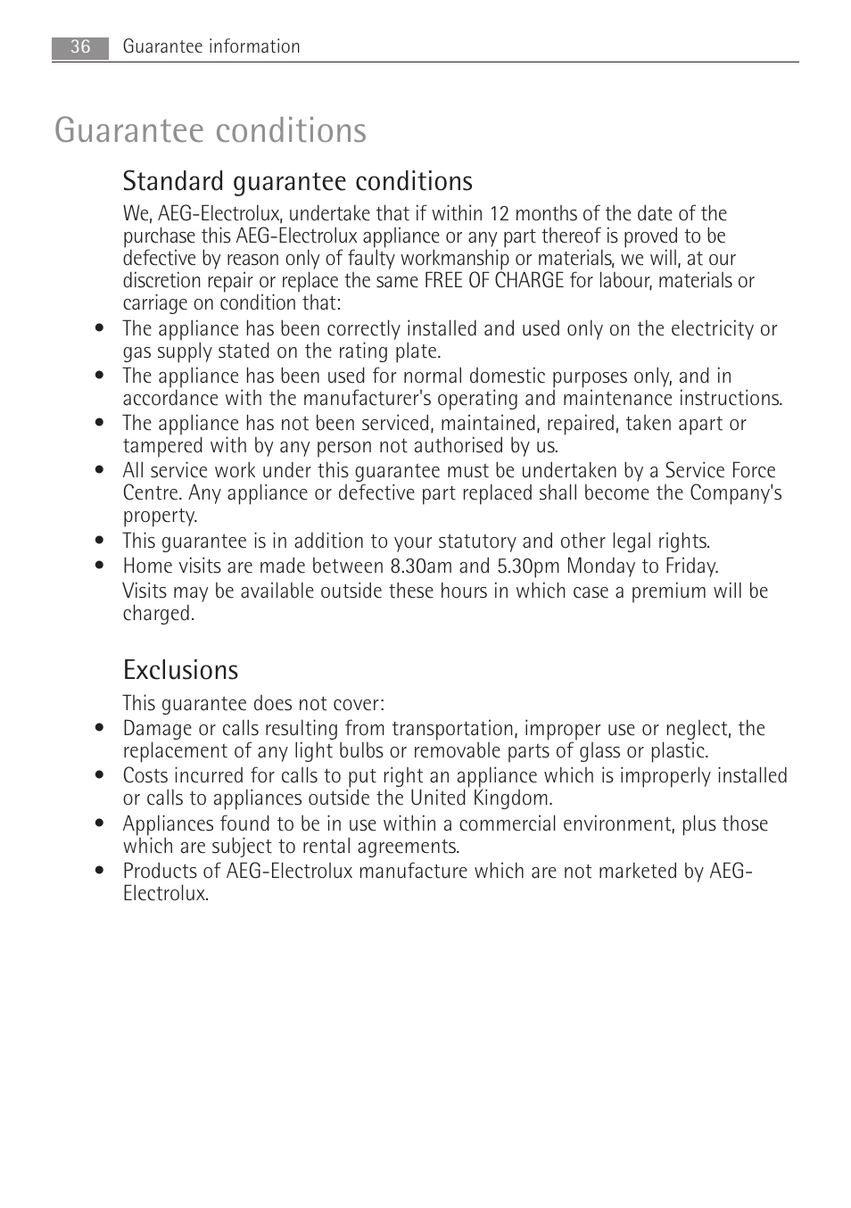 Guarantee conditions, Standard guarantee conditions, Exclusions | Electrolux MC2662E User Manual | Page 36 / 40