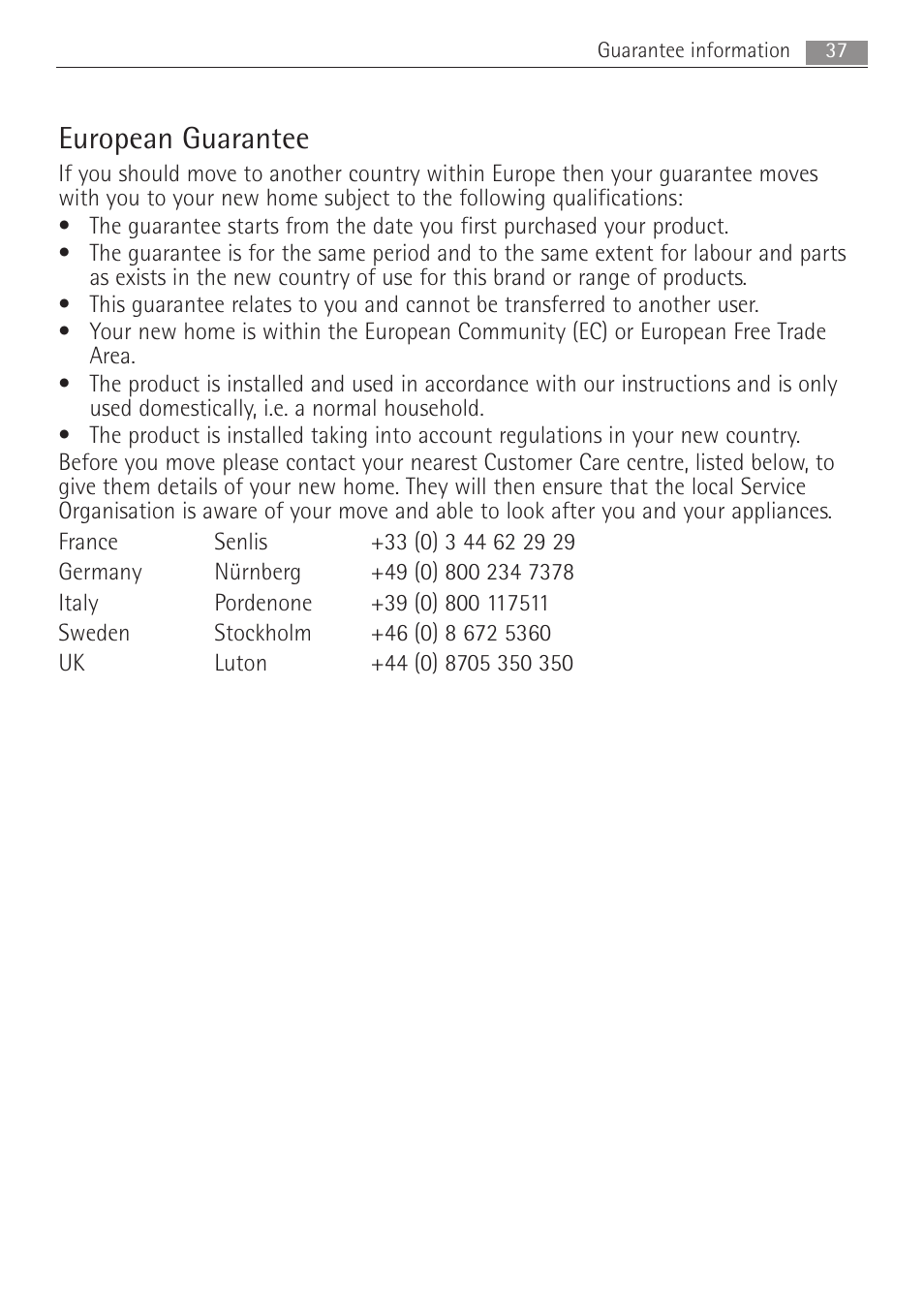 European guarantee | Electrolux MC2662E User Manual | Page 37 / 40