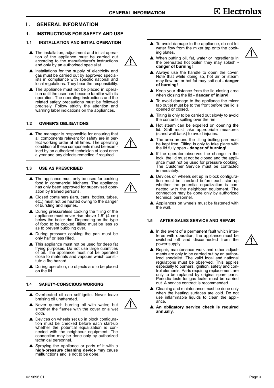 I . general information, Instructions for safety and use, General information | Electrolux GXYEOEOOOO User Manual | Page 5 / 16