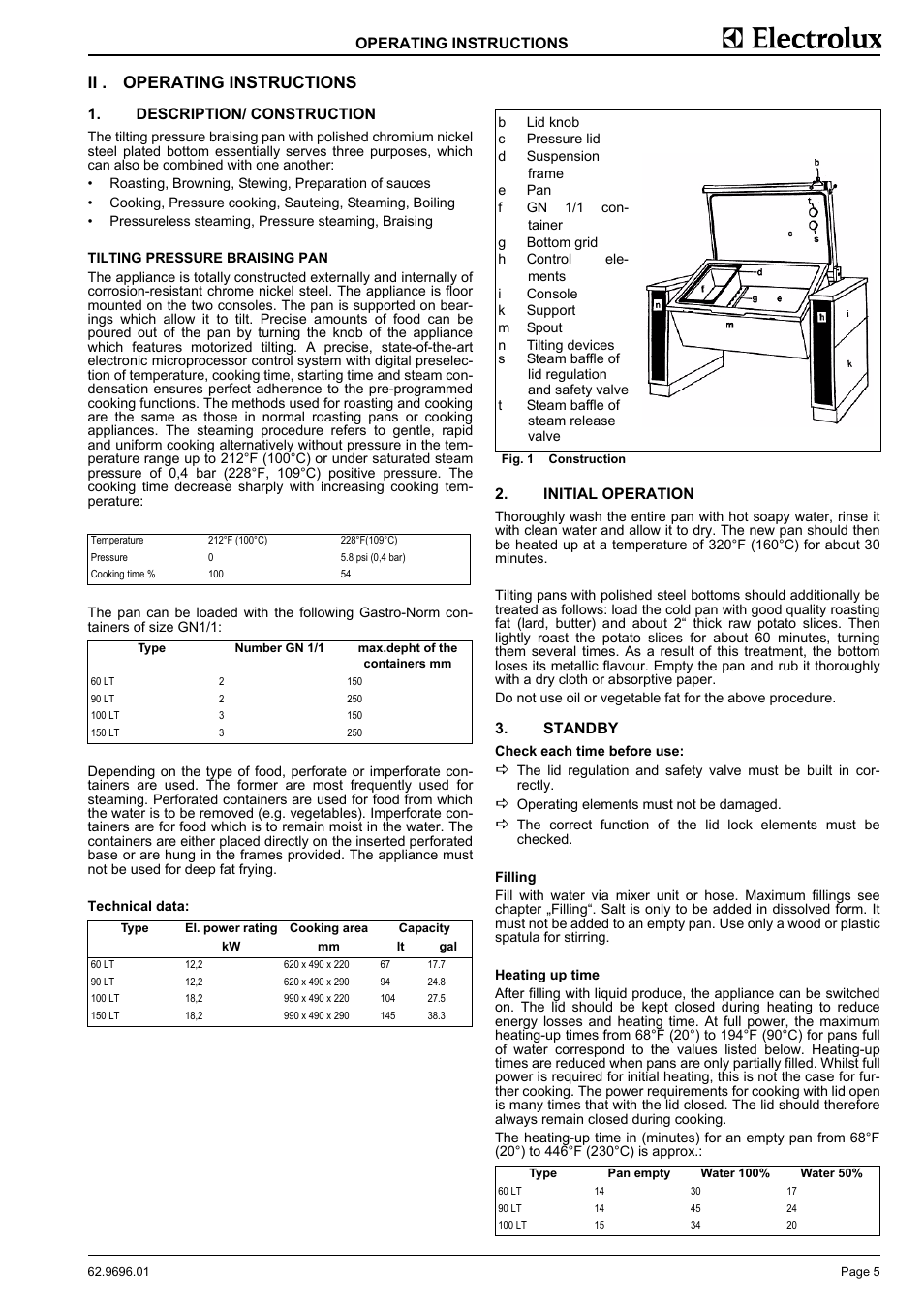 Ii . operating instructions, Description/ construction, Initial operation | Standby, Operating instructions | Electrolux GXYEOEOOOO User Manual | Page 7 / 16