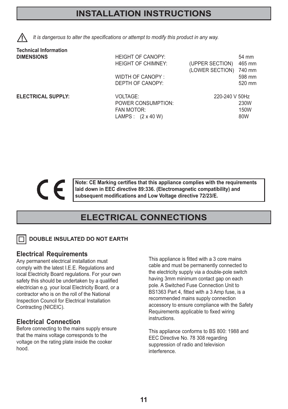 Installation instructions, Electrical connections, Electrical requirements | Electrical connection | Electrolux CH 710 User Manual | Page 11 / 20