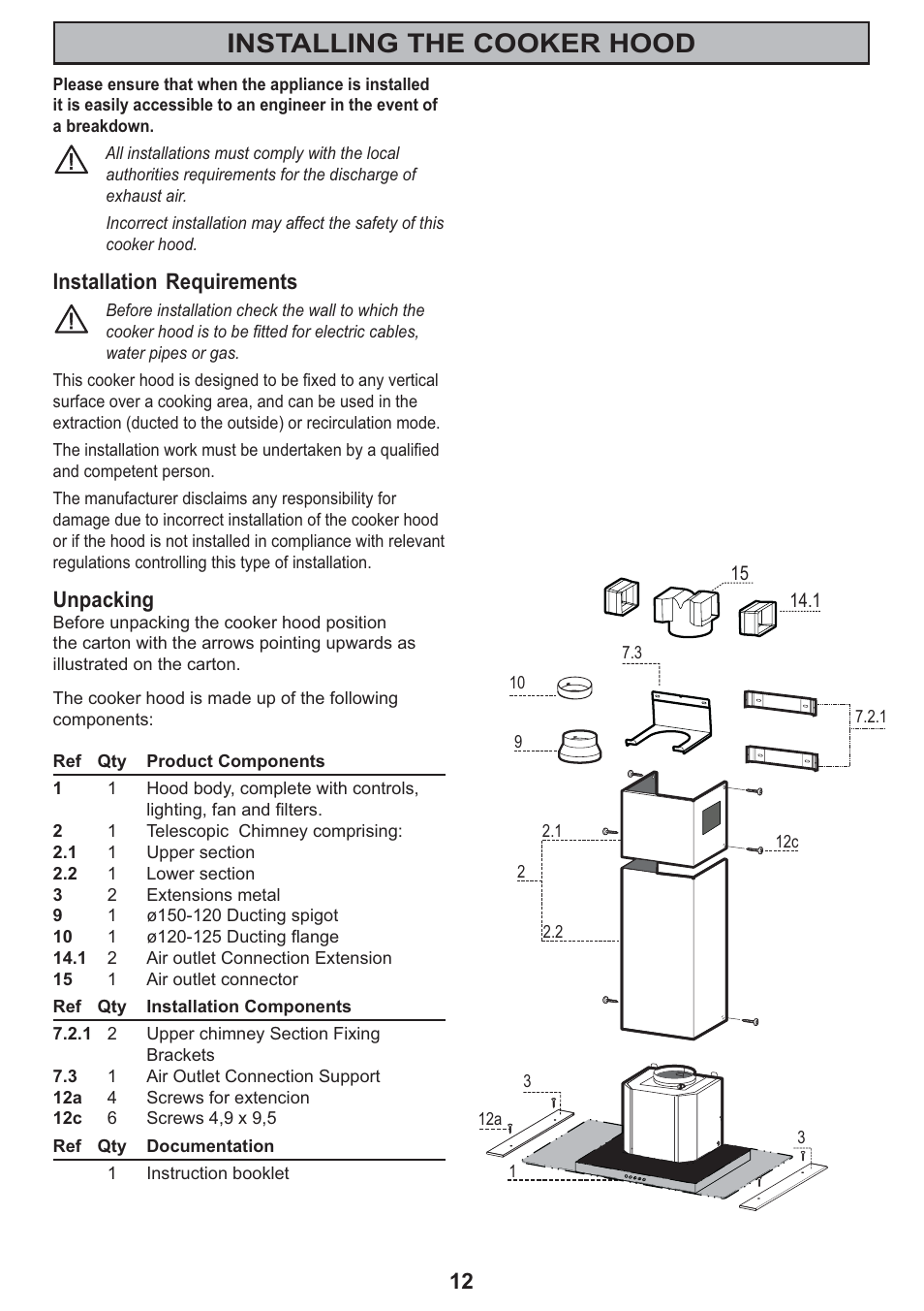 Installing the cooker hood, Installation requirements, Unpacking | Electrolux CH 710 User Manual | Page 12 / 20