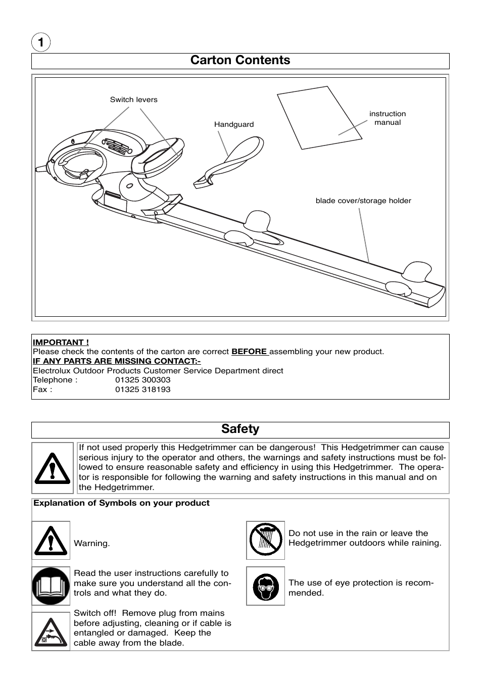 Carton contents, Safety, 1carton contents | Electrolux HT42 User Manual | Page 2 / 8