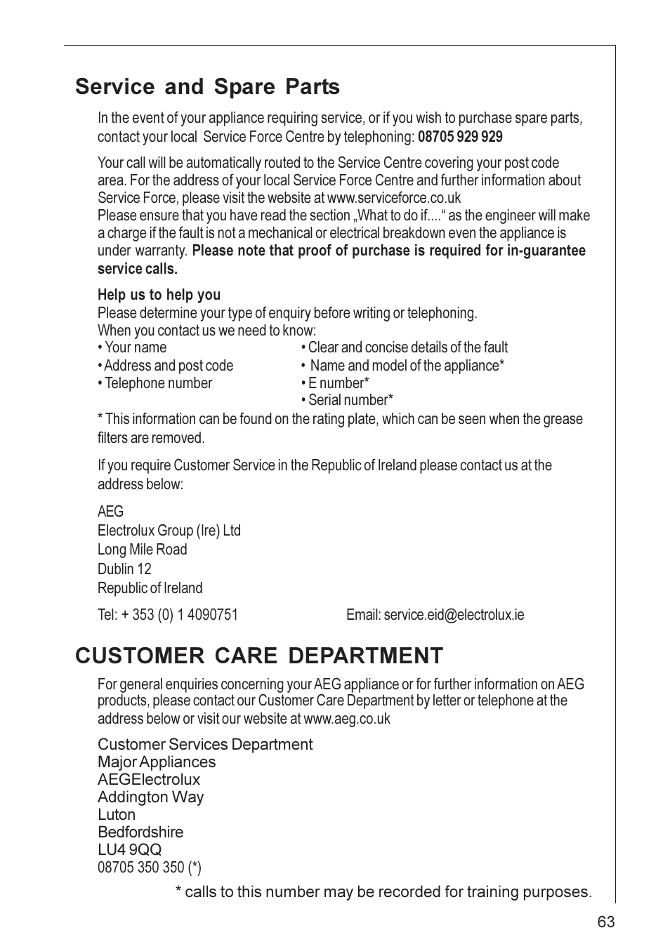 Service and spare parts, Customer care department | Electrolux HD 8890 User Manual | Page 13 / 18