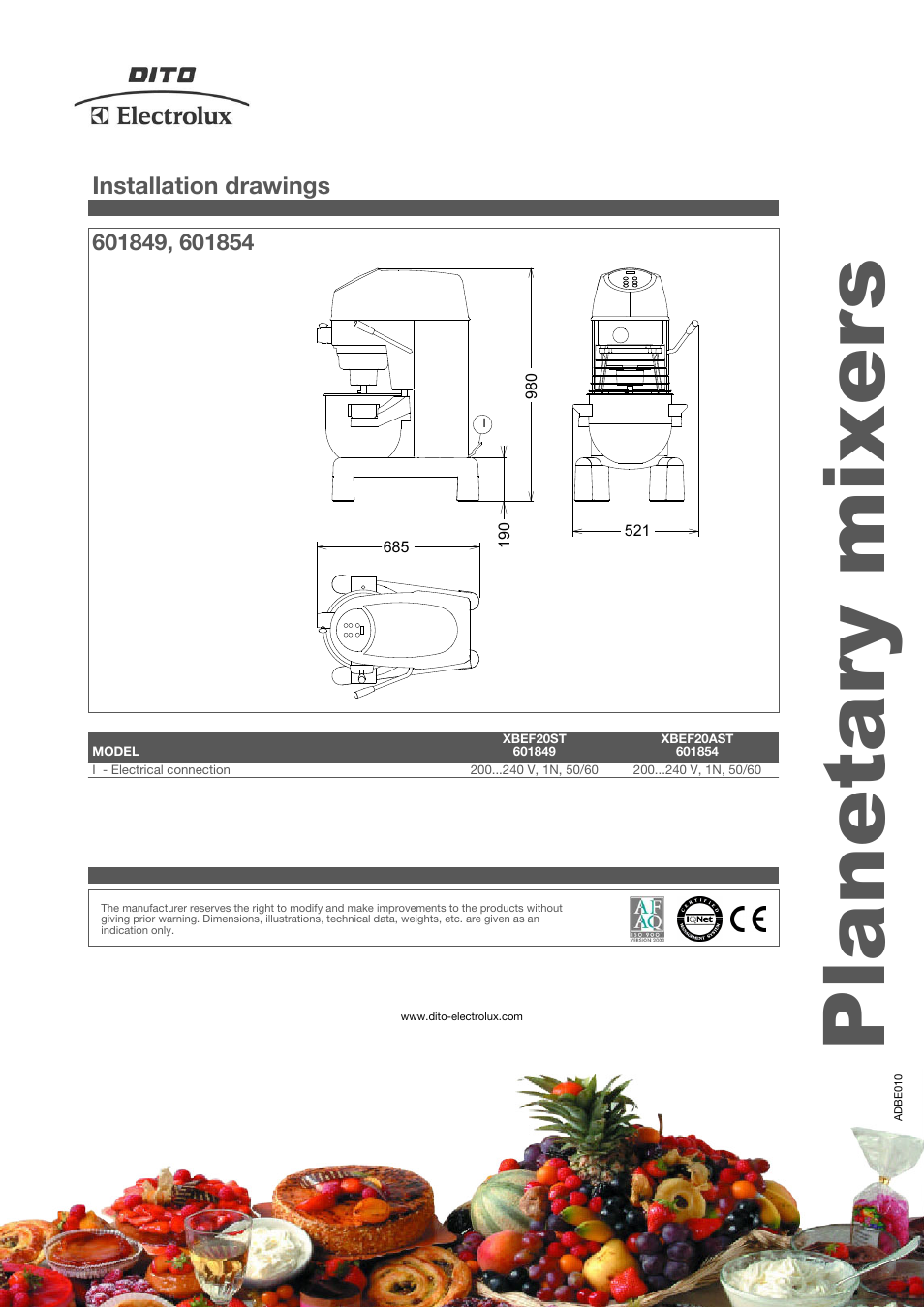 Planetary mixers, Installation drawings | Electrolux XBEF20ST User Manual | Page 4 / 4