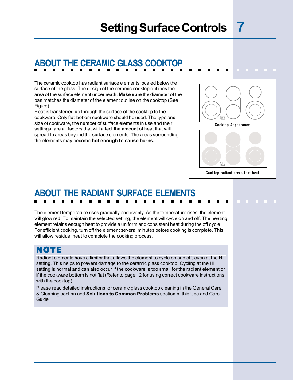 About the ceramic glass cooktop 7, About the radiant surface elements, Setting surface controls | About the ceramic glass cooktop | Electrolux Electric Cooktop User Manual | Page 7 / 20