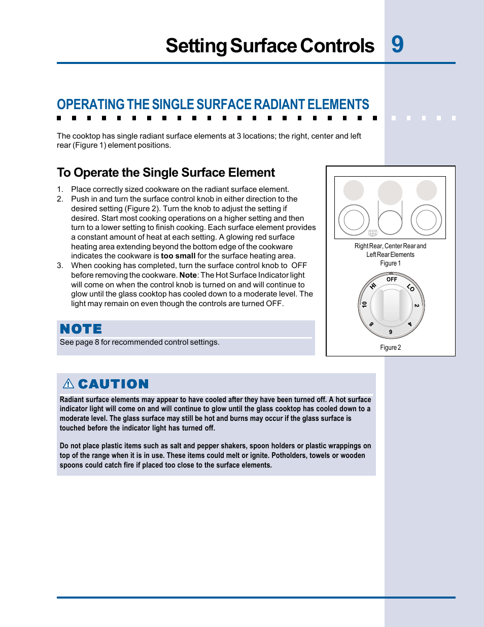 Setting surface controls, Operating the single surface radiant elements | Electrolux Electric Cooktop User Manual | Page 9 / 20