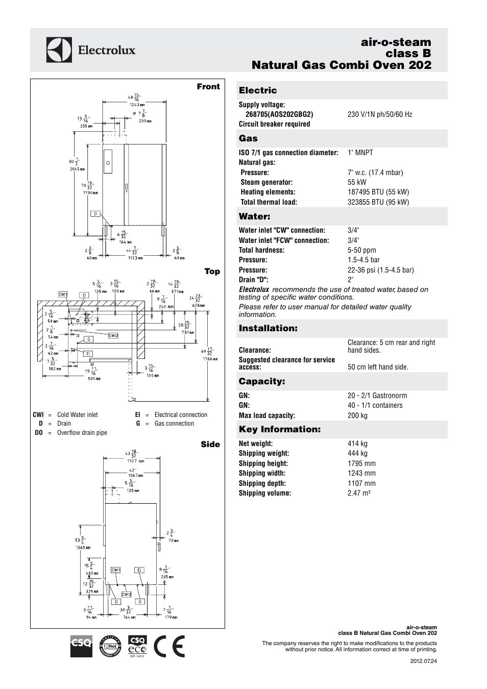 Air-o-steam class b natural gas combi oven 202 | Electrolux Air-o-steam Natural Gas Combi Oven 202 User Manual | Page 2 / 3