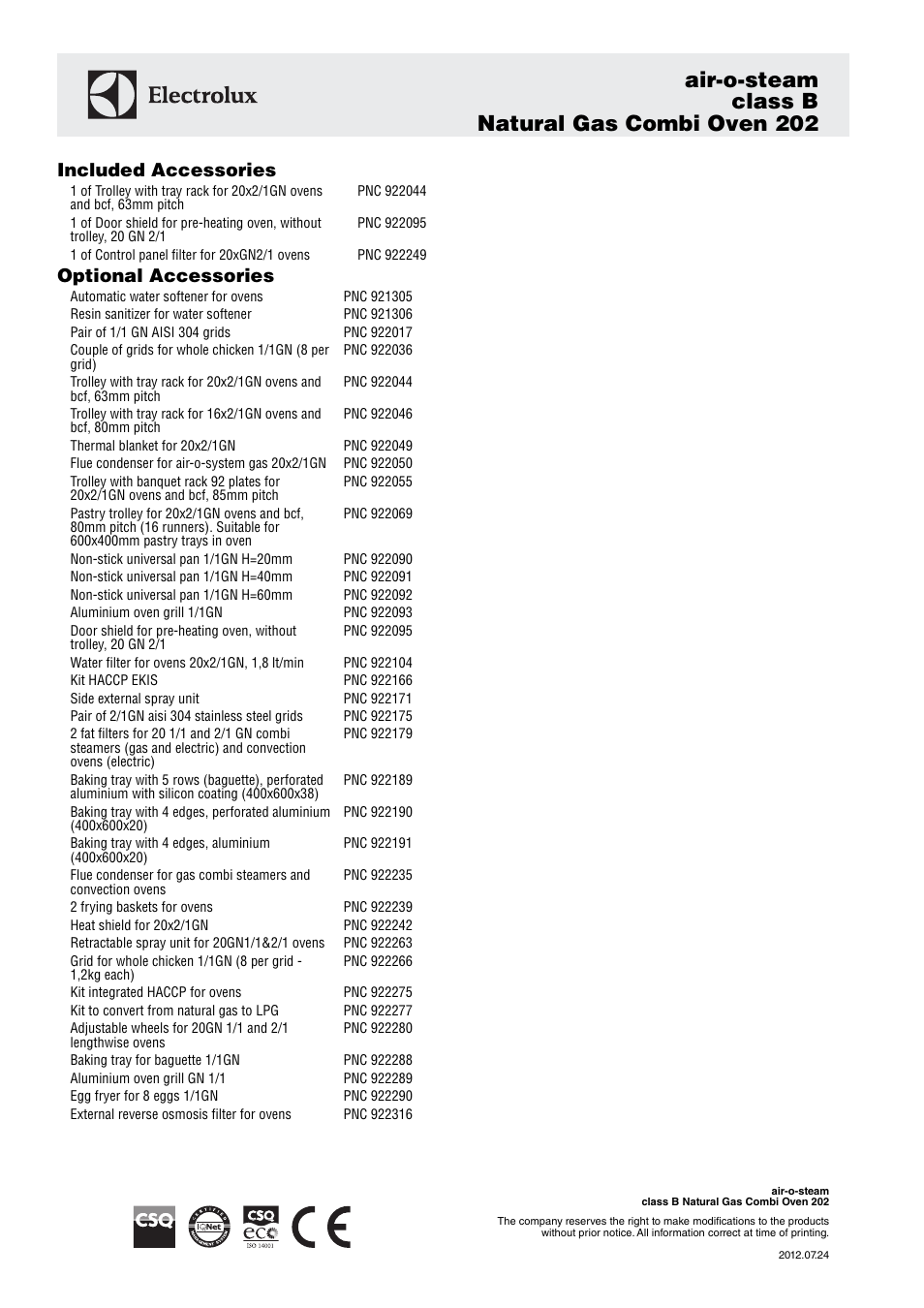 Air-o-steam class b natural gas combi oven 202, Included accessories, Optional accessories | Electrolux Air-o-steam Natural Gas Combi Oven 202 User Manual | Page 3 / 3