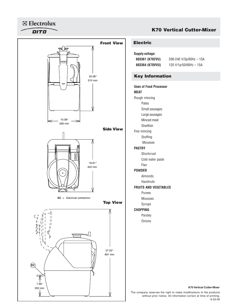 K70 vertical cutter-mixer, Electric, Key information | Electrolux K70 User Manual | Page 2 / 2