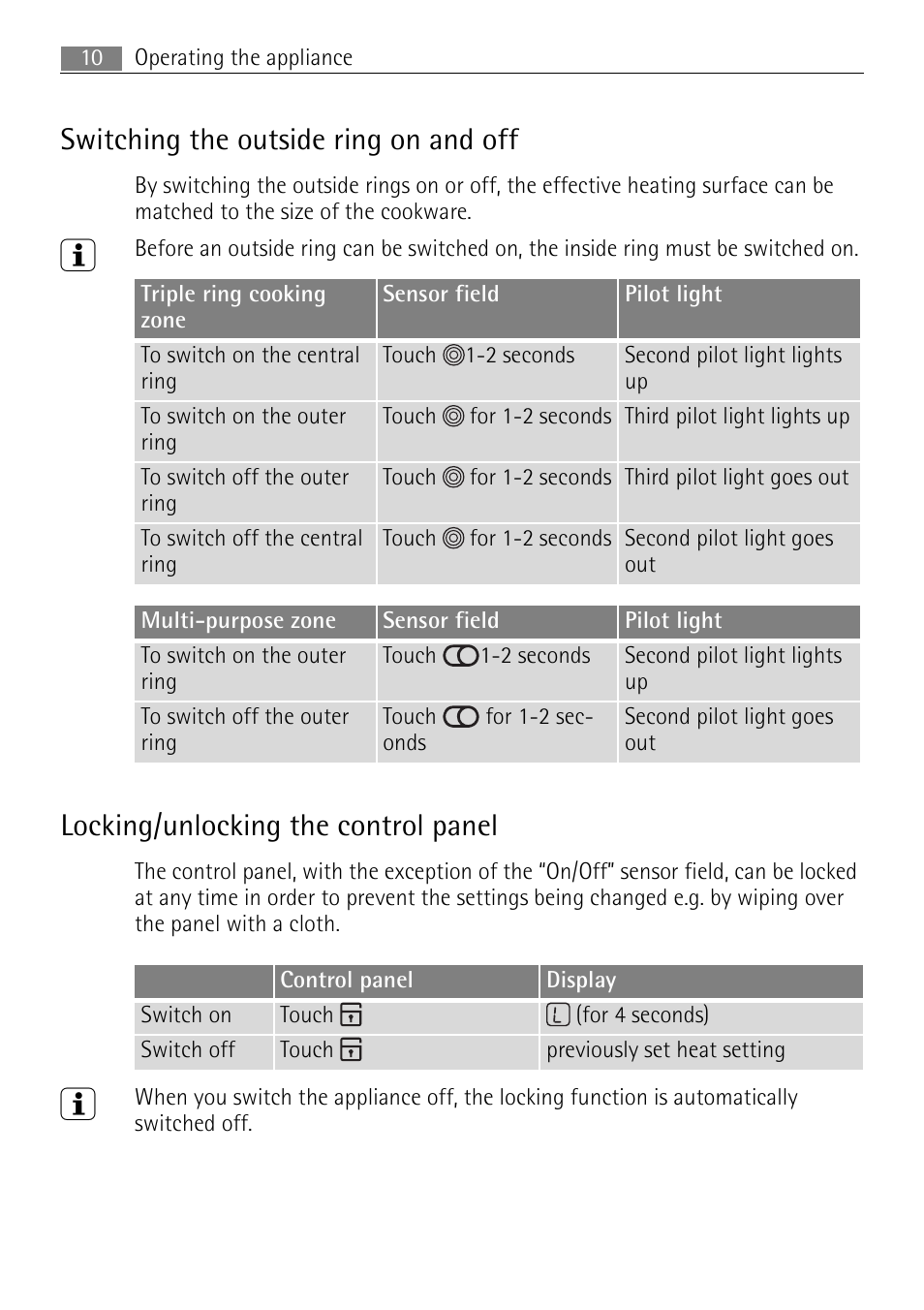 Switching the outside ring on and off, Locking/unlocking the control panel | Electrolux 66331KF-N User Manual | Page 10 / 36