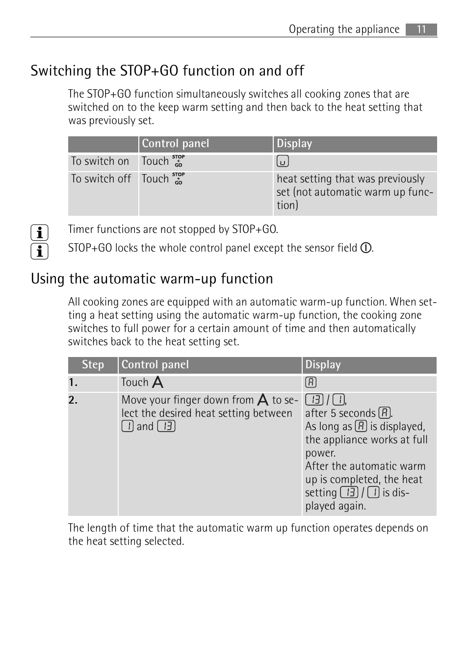 Switching the stop+go function on and off, Using the automatic warm-up function | Electrolux 66331KF-N User Manual | Page 11 / 36