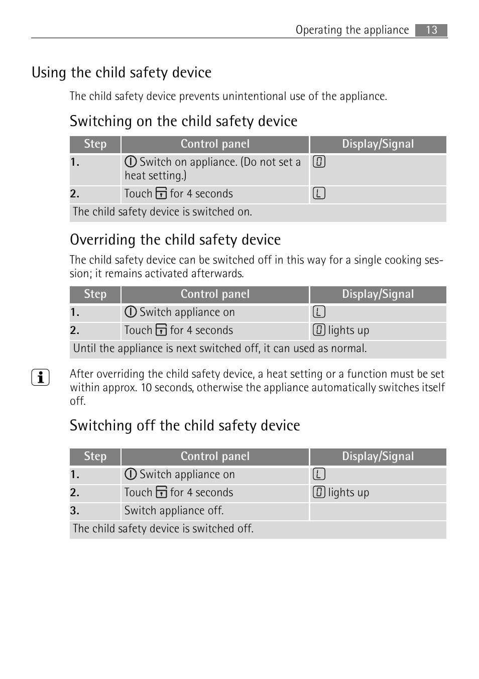 Using the child safety device, Switching off the child safety device | Electrolux 66331KF-N User Manual | Page 13 / 36