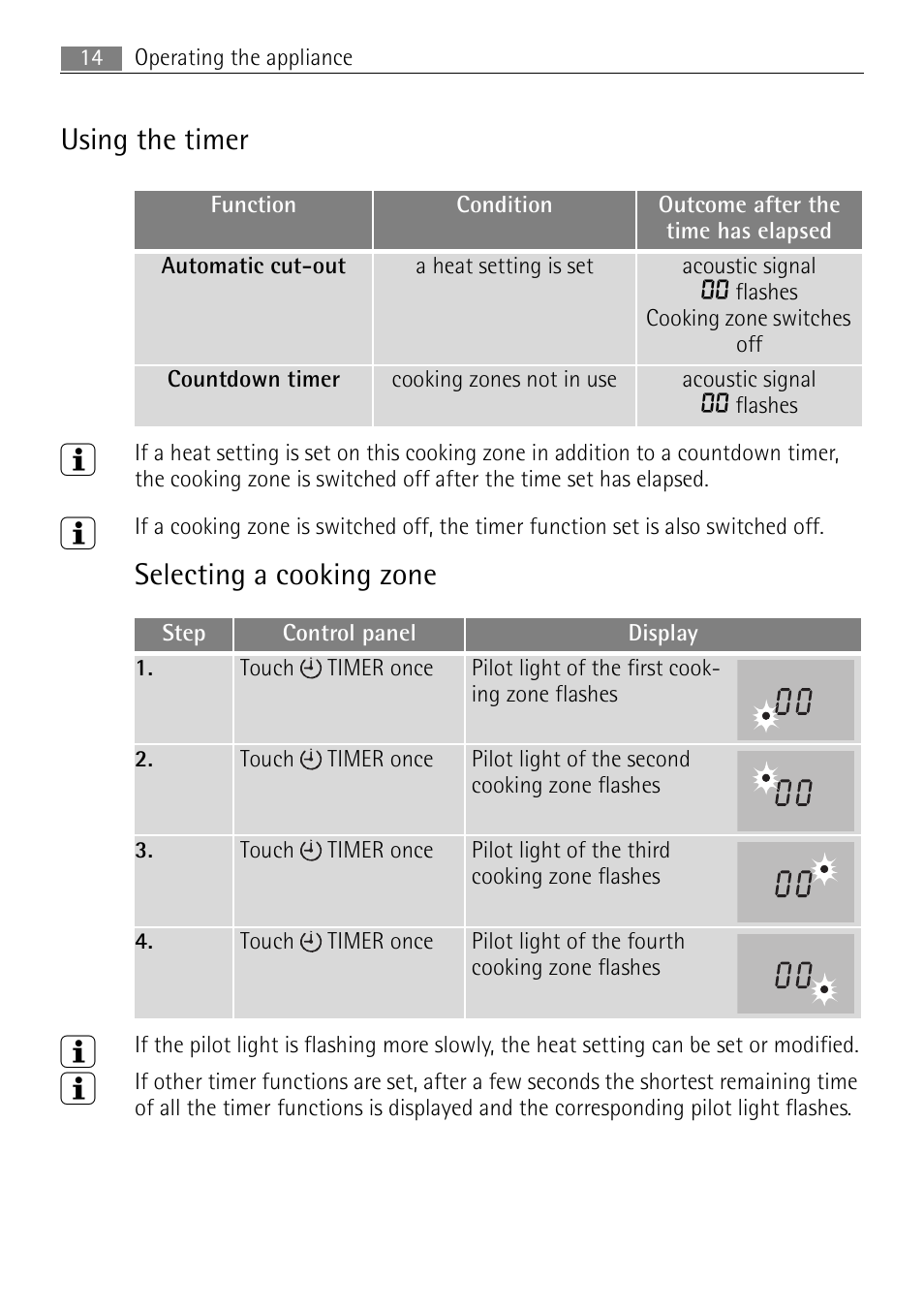 Using the timer, Selecting a cooking zone | Electrolux 66331KF-N User Manual | Page 14 / 36