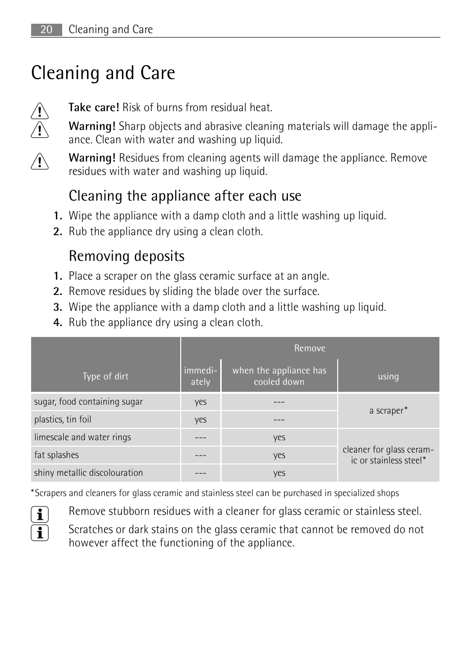 Cleaning and care 1, Cleaning the appliance after each use, Removing deposits | Electrolux 66331KF-N User Manual | Page 20 / 36