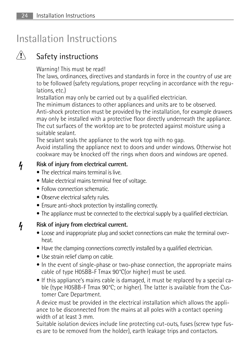 Installation instructions 1, Safety instructions | Electrolux 66331KF-N User Manual | Page 24 / 36