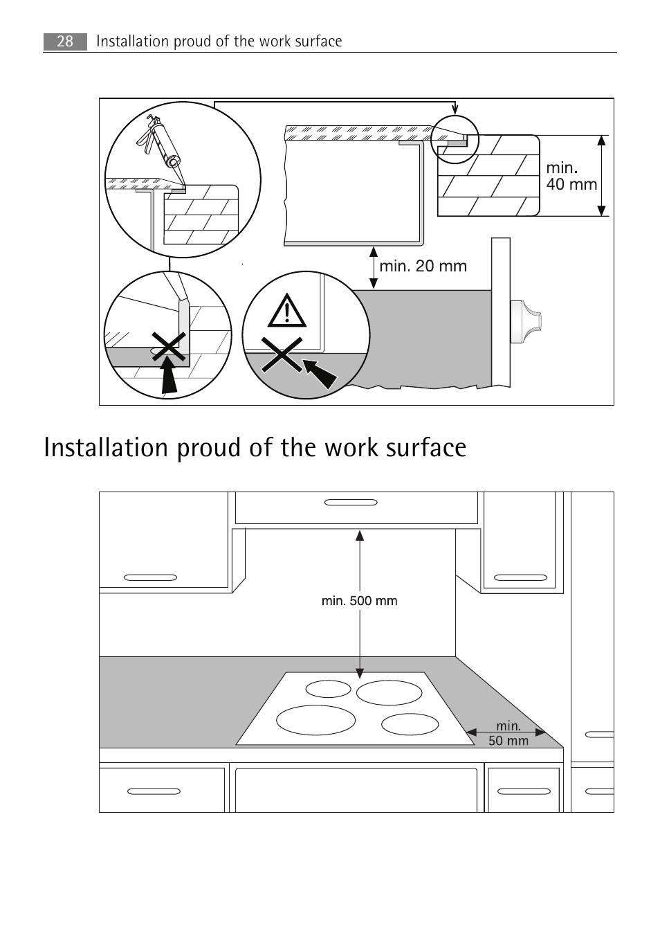 Installation proud of the work surface, Installation proud of the work surface 28 | Electrolux 66331KF-N User Manual | Page 28 / 36