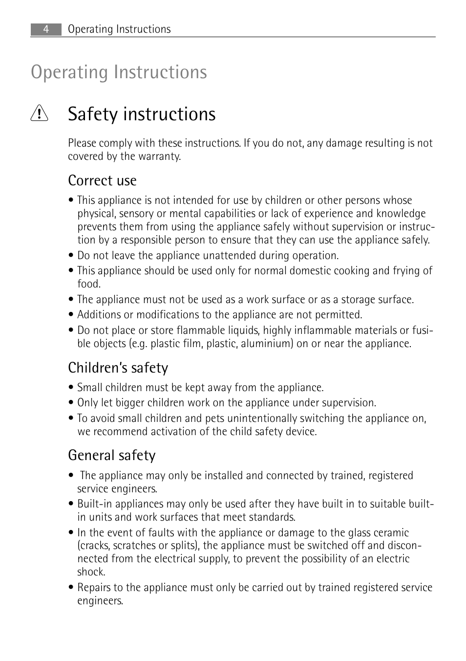 Operating instructions 1 safety instructions, Correct use, Children’s safety | General safety | Electrolux 66331KF-N User Manual | Page 4 / 36