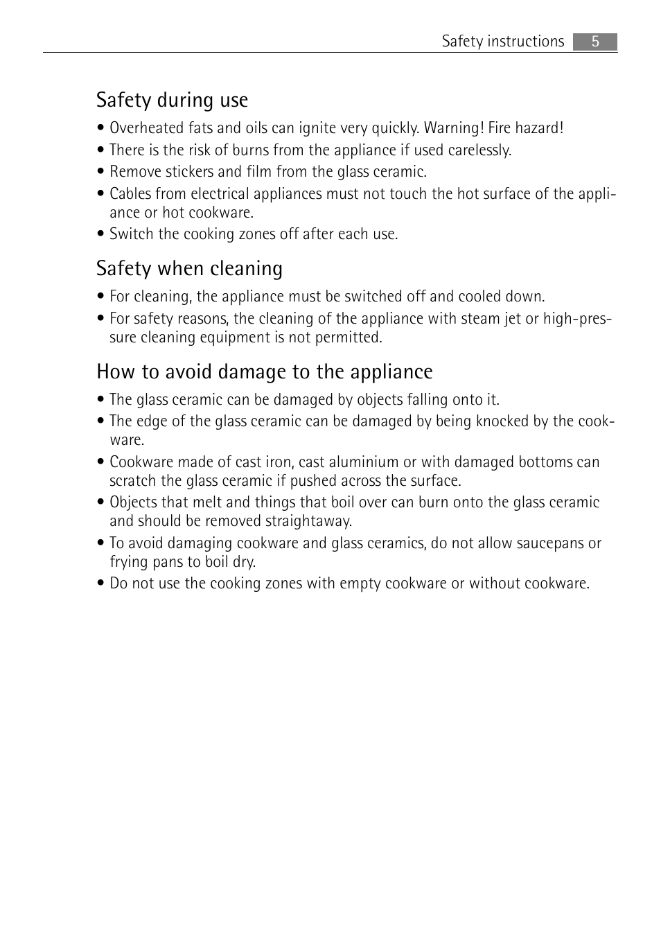 Safety during use, Safety when cleaning, How to avoid damage to the appliance | Electrolux 66331KF-N User Manual | Page 5 / 36