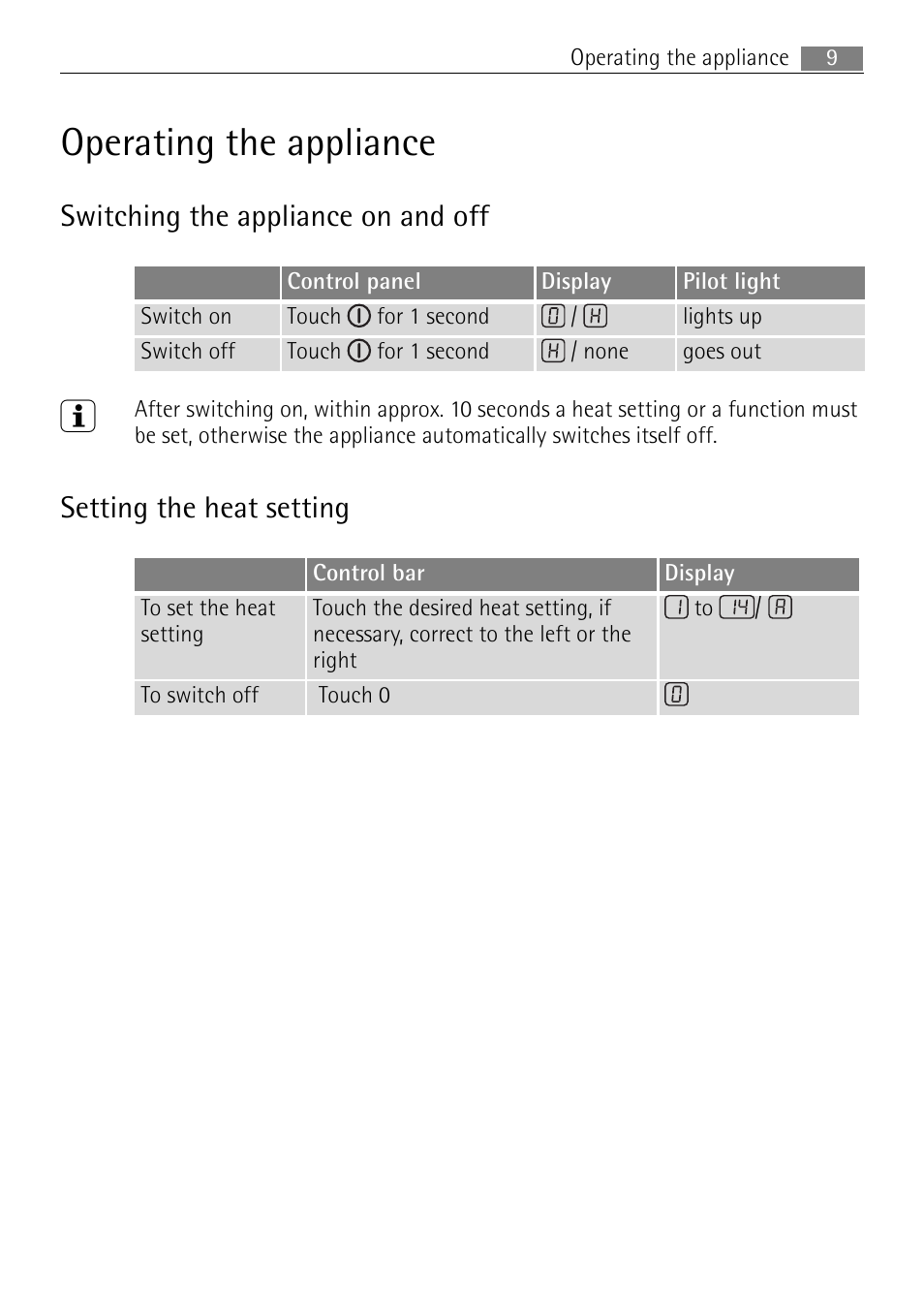 Operating the appliance, Switching the appliance on and off, Setting the heat setting | Electrolux 66331KF-N User Manual | Page 9 / 36