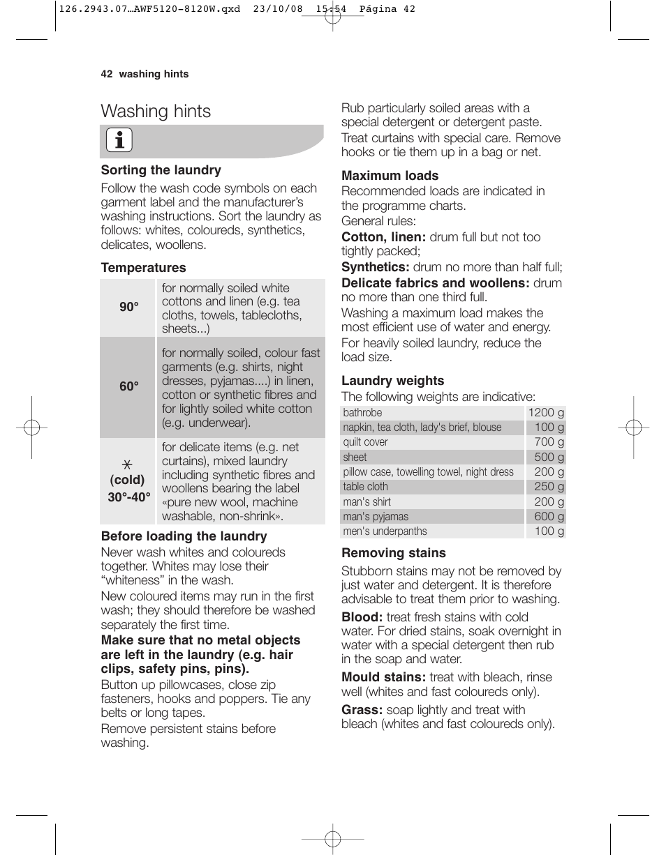 Washing hints | Electrolux AWF 8120 W User Manual | Page 14 / 34