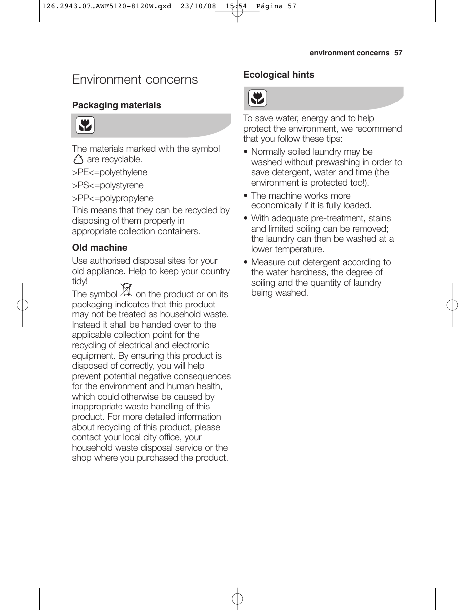 Environment concerns | Electrolux AWF 8120 W User Manual | Page 29 / 34