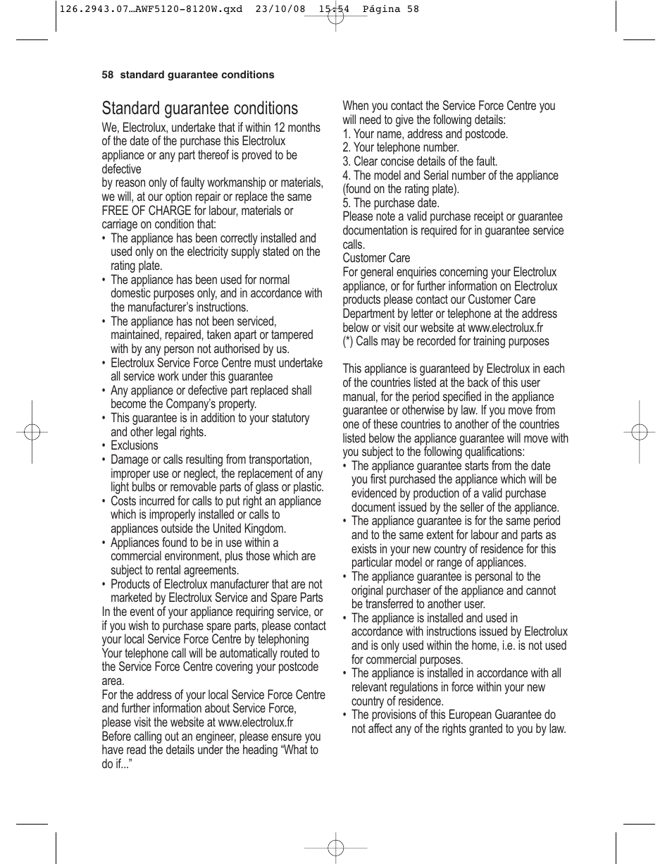 Standard guarantee conditions | Electrolux AWF 8120 W User Manual | Page 30 / 34