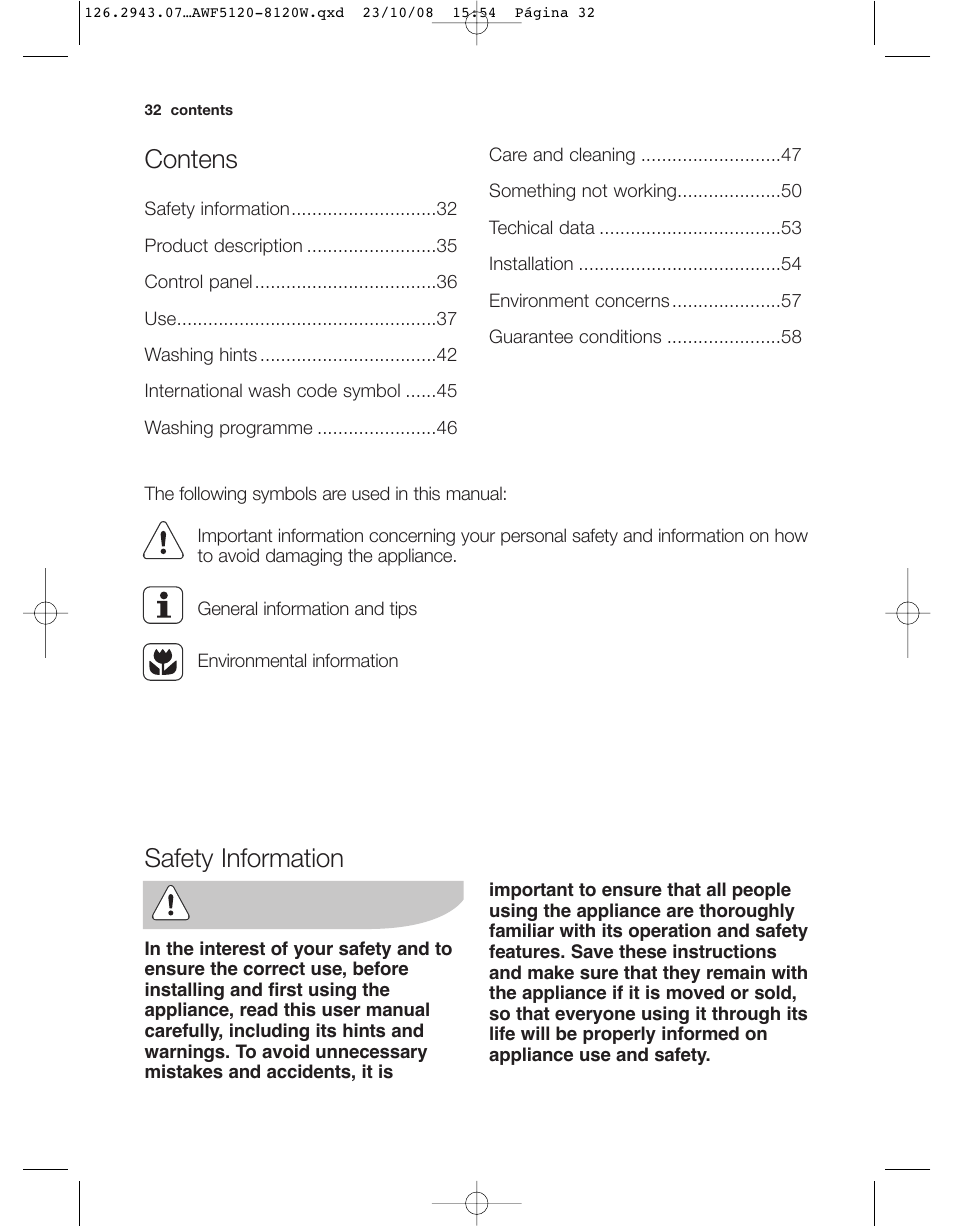 Contens, Safety information | Electrolux AWF 8120 W User Manual | Page 4 / 34