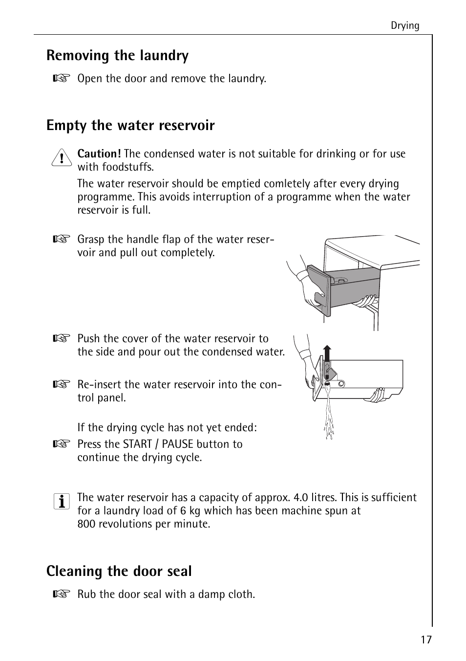 Removing the laundry, Empty the water reservoir, Cleaning the door seal | Electrolux LAVATHERM 57560 User Manual | Page 17 / 40