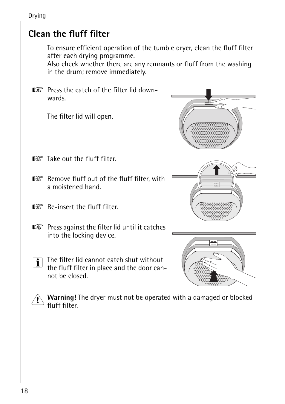 Clean the fluff filter | Electrolux LAVATHERM 57560 User Manual | Page 18 / 40