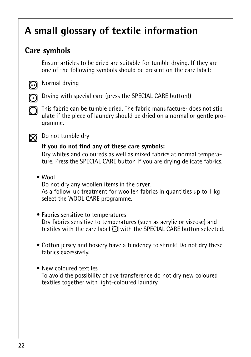 A small glossary of textile information, Care symbols | Electrolux LAVATHERM 57560 User Manual | Page 22 / 40