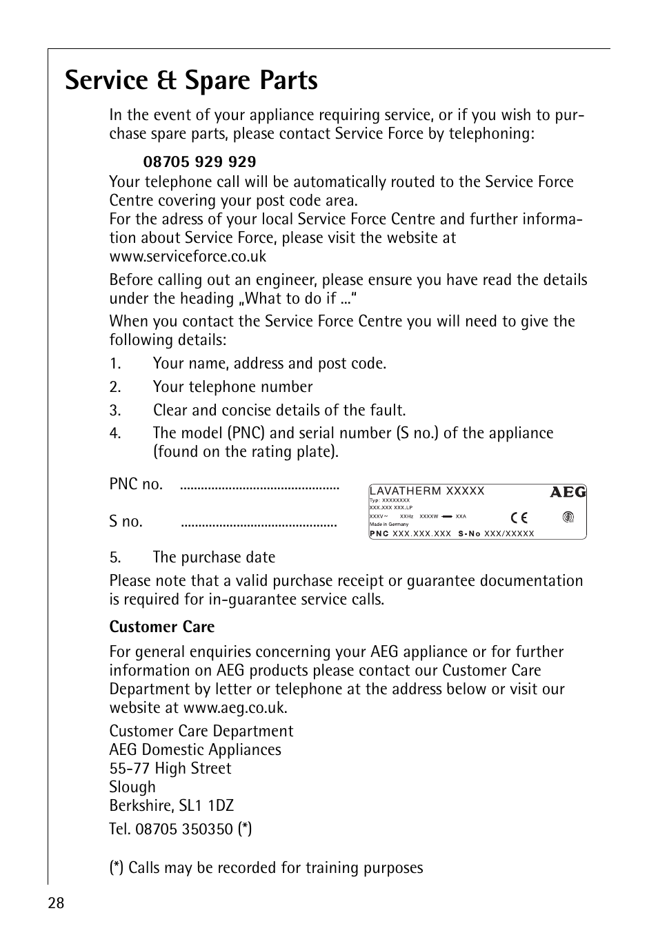 Service & spare parts | Electrolux LAVATHERM 57560 User Manual | Page 28 / 40
