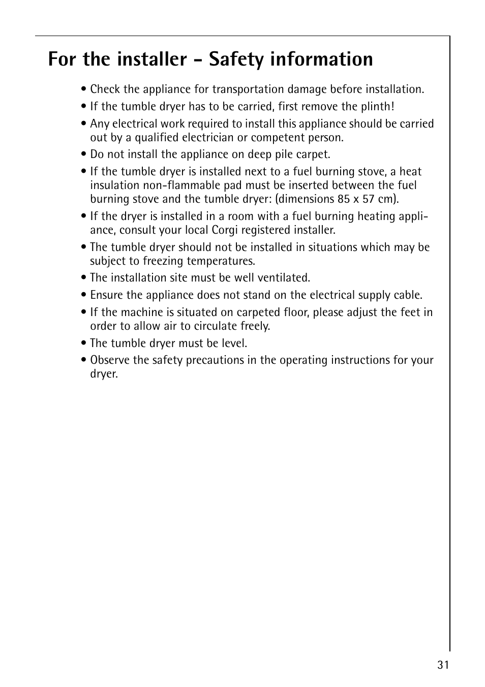 For the installer - safety information | Electrolux LAVATHERM 57560 User Manual | Page 31 / 40
