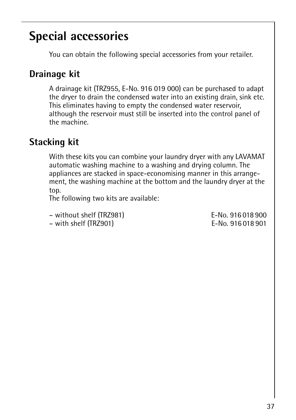 Special accessories, Drainage kit, Stacking kit | Electrolux LAVATHERM 57560 User Manual | Page 37 / 40