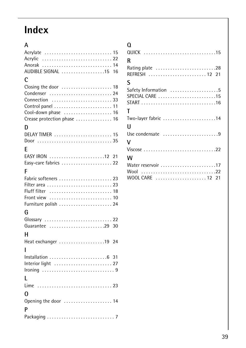 Index | Electrolux LAVATHERM 57560 User Manual | Page 39 / 40